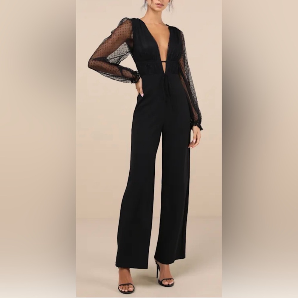 Lulus NWT “Sweet Twist” Black Swiss Dot Tulle Long Sleeve Jumpsuit. Size Small. - Picture 9 of 11